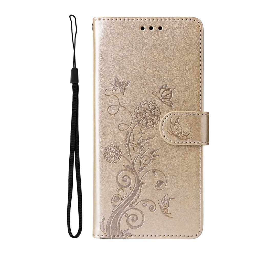 For Samsung Galaxy F06 5G Leather Case Butterfly Floral Imprint Wallet Stand Cover - Golden - 3
