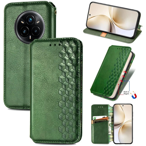 For Realme 14 Pro+ 5G Case Rhombus Imprint PU Leather Wallet Phone Cover - Green - 1