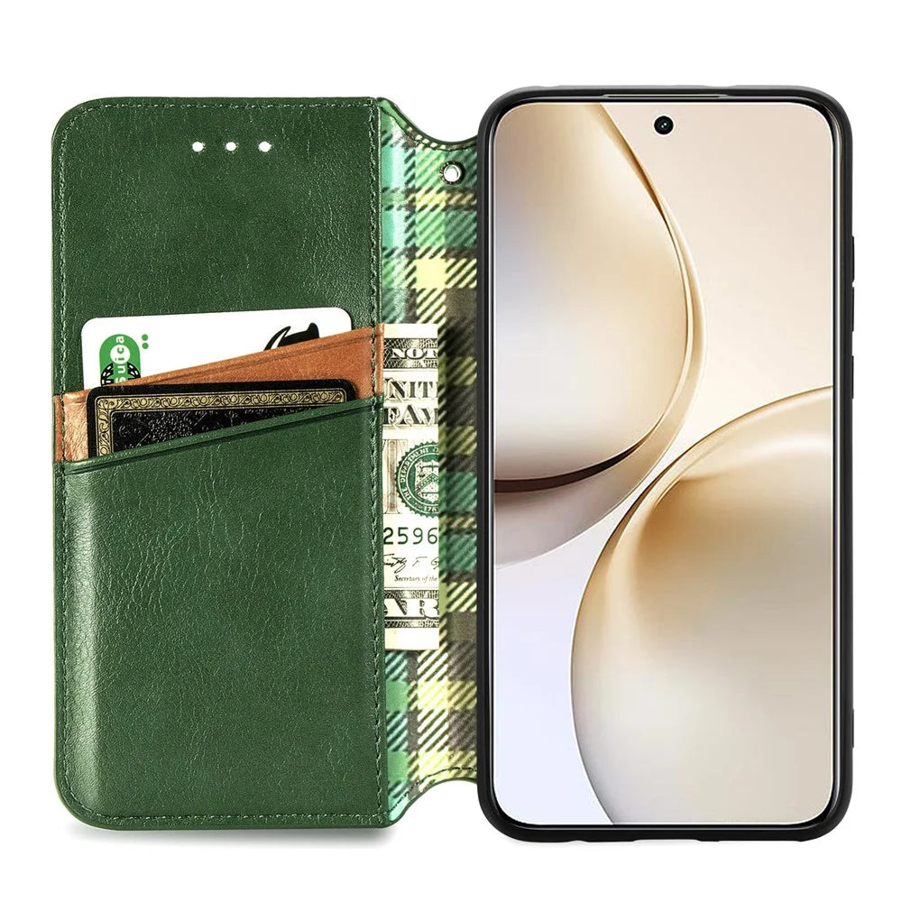 For Realme 14 Pro+ 5G Case Rhombus Imprint PU Leather Wallet Phone Cover - Green - 3