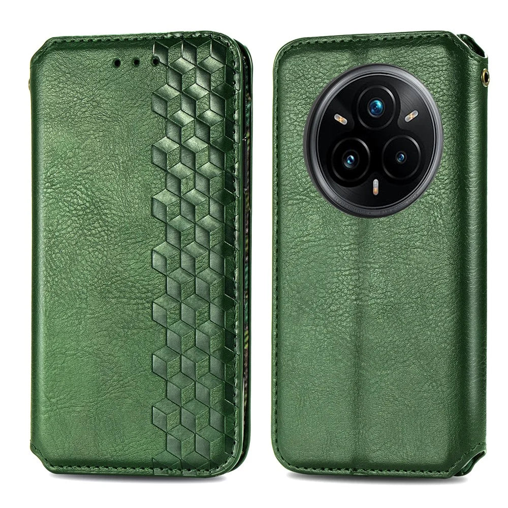 For Realme 14 Pro 5G Case Rhombus Imprint PU Leather Wallet Phone Cover - Green - 2