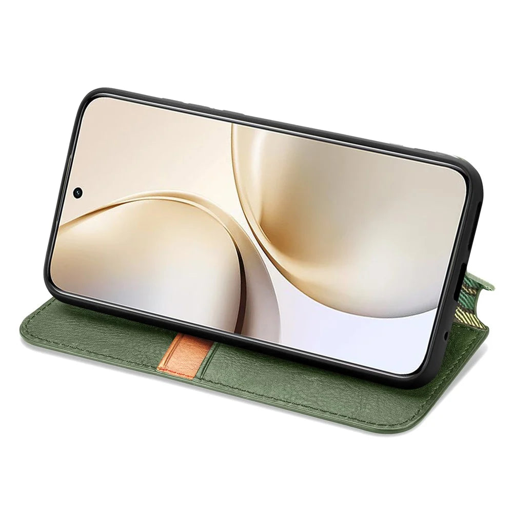 For Realme 14 Pro 5G Case Rhombus Imprint PU Leather Wallet Phone Cover - Green - 4