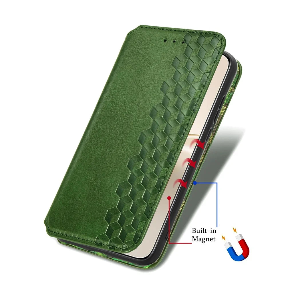 For Realme 14 Pro 5G Case Rhombus Imprint PU Leather Wallet Phone Cover - Green - 5