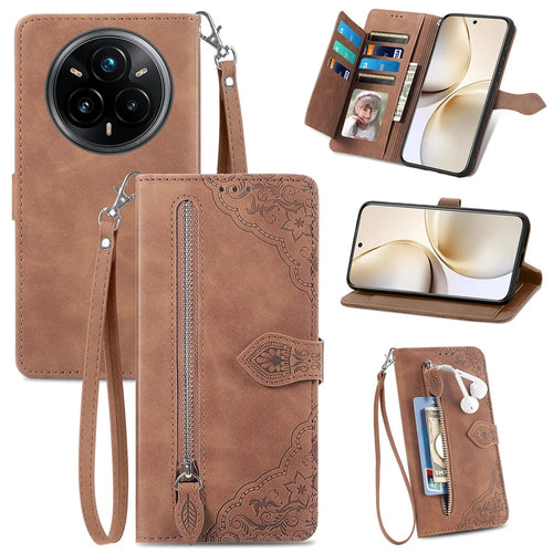 For Realme 14 Pro 5G Zipper Wallet Case with Strap Flower Imprint PU Leather Phone Cover - Brown - 1