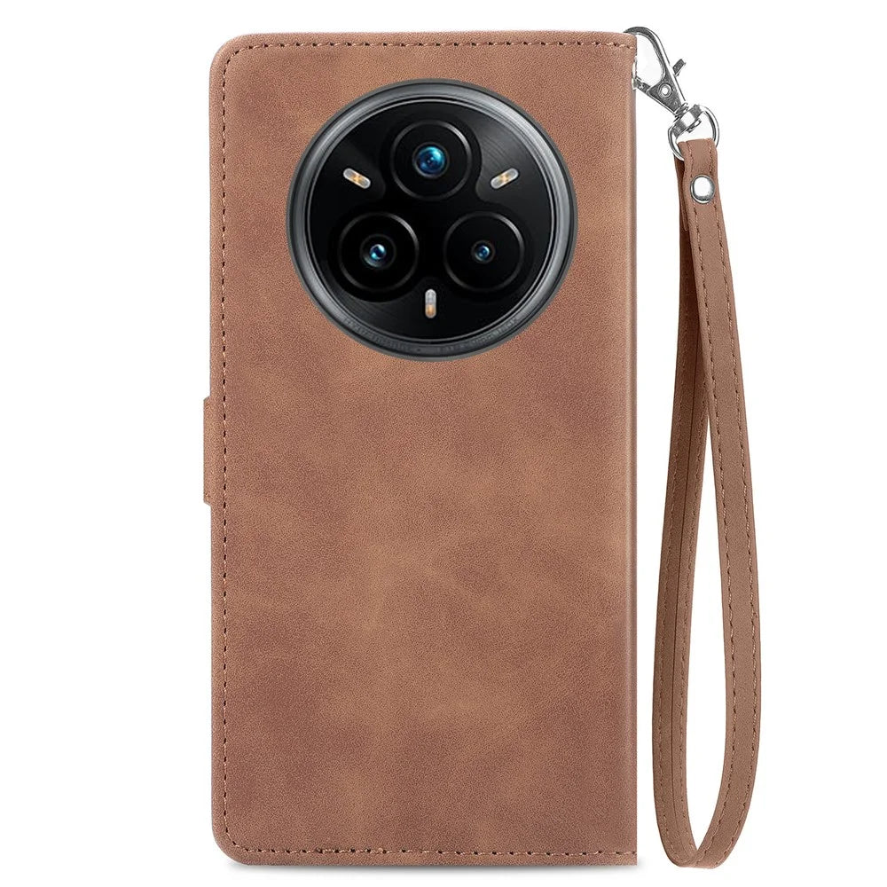 For Realme 14 Pro 5G Zipper Wallet Case with Strap Flower Imprint PU Leather Phone Cover - Brown - 3
