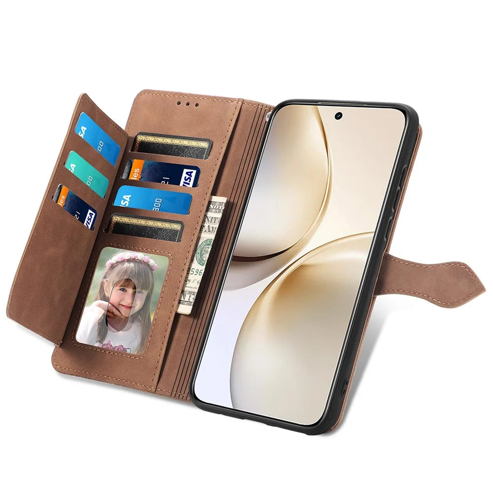 For Realme 14 Pro 5G Zipper Wallet Case with Strap Flower Imprint PU Leather Phone Cover - Brown - 4