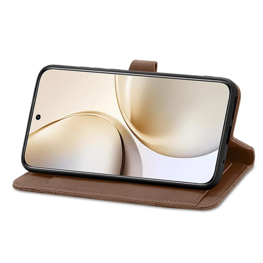 For Realme 14 Pro 5G Zipper Wallet Case with Strap Flower Imprint PU Leather Phone Cover - Brown - 5