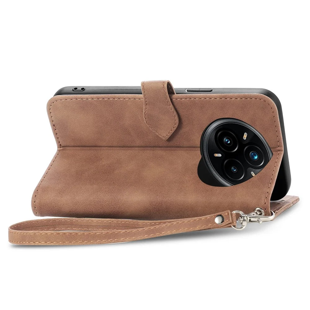 For Realme 14 Pro 5G Zipper Wallet Case with Strap Flower Imprint PU Leather Phone Cover - Brown - 6