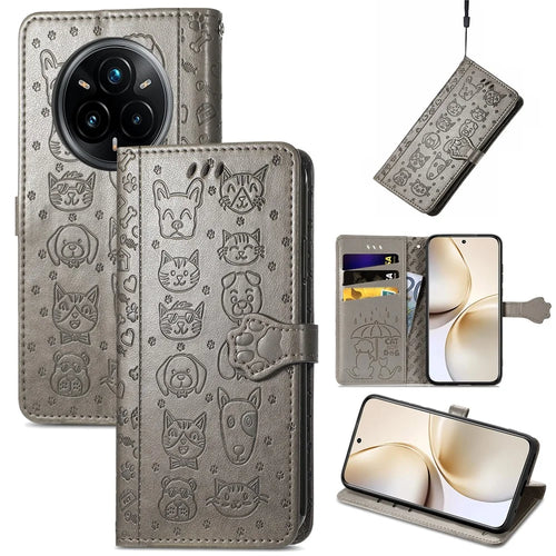For Realme 14 Pro 5G Leather Wallet Case Flip Phone Cover with Cute Cat Dog Pattern - Grey - 1