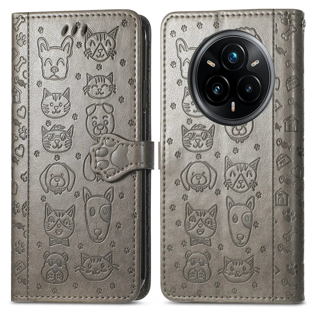 For Realme 14 Pro 5G Leather Wallet Case Flip Phone Cover with Cute Cat Dog Pattern - Grey - 2