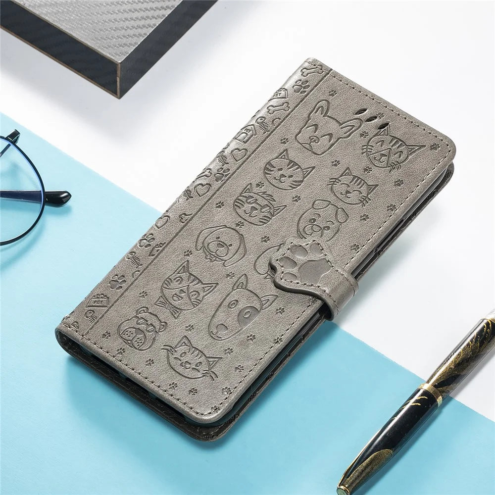 For Realme 14 Pro 5G Leather Wallet Case Flip Phone Cover with Cute Cat Dog Pattern - Grey - 5