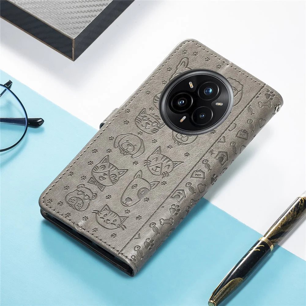 For Realme 14 Pro 5G Leather Wallet Case Flip Phone Cover with Cute Cat Dog Pattern - Grey - 6