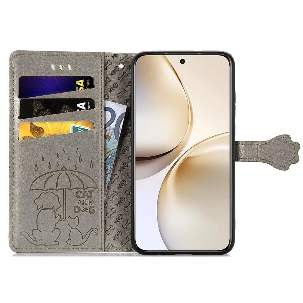 For Realme 14 Pro+ 5G Leather Wallet Case Flip Phone Cover with Cute Cat Dog Pattern - Grey - 3