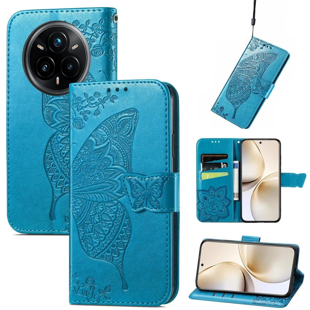 For Realme 14 Pro 5G Case with Strap Butterfly Pattern PU Leather Wallet Phone Cover - Blue - 1