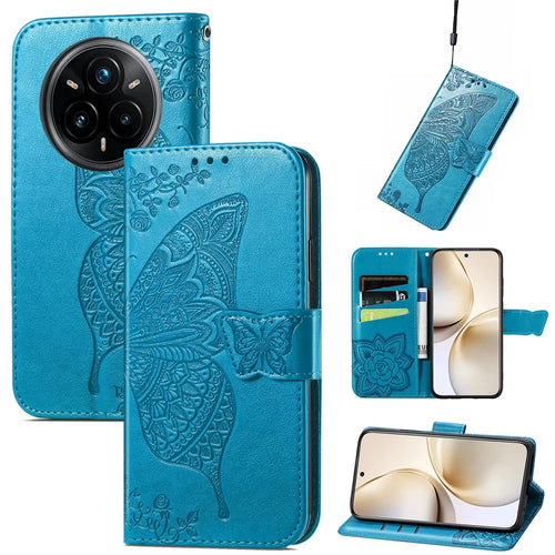 For Realme 14 Pro 5G Case with Strap Butterfly Pattern PU Leather Wallet Phone Cover - Blue - 1