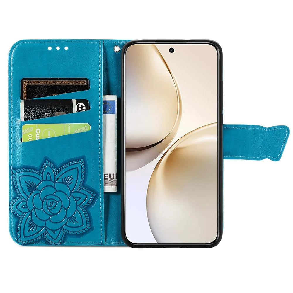 For Realme 14 Pro 5G Case with Strap Butterfly Pattern PU Leather Wallet Phone Cover - Blue - 3