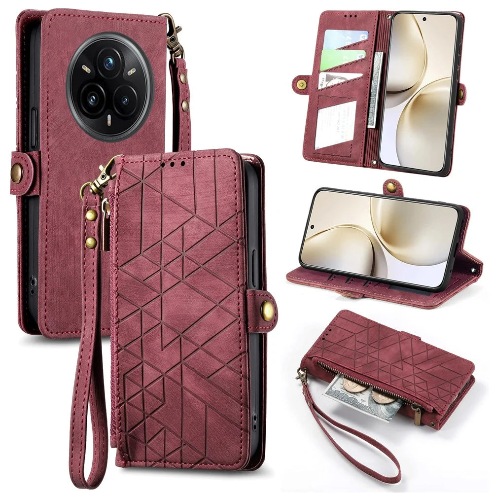 For Realme 14 Pro 5G Zipper Wallet Case Geometry Lines Leather Phone Cover with Strap - Red - 1