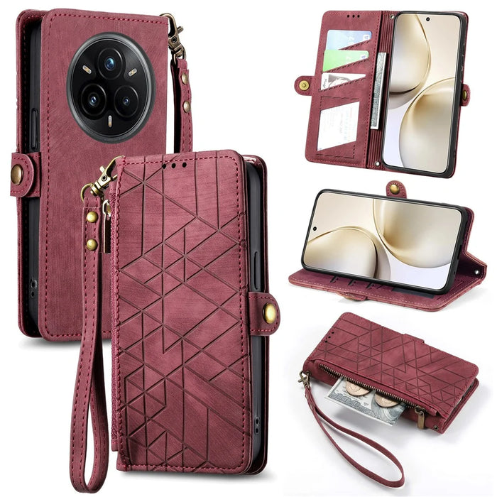 For Realme 14 Pro 5G Zipper Wallet Case Geometry Lines Leather Phone Cover with Strap - Red - 1