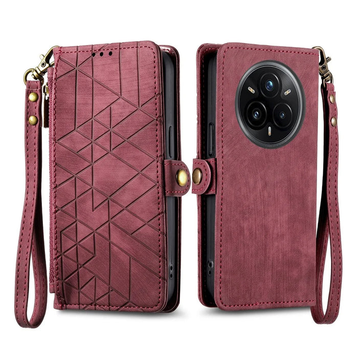 For Realme 14 Pro 5G Zipper Wallet Case Geometry Lines Leather Phone Cover with Strap - Red - 2