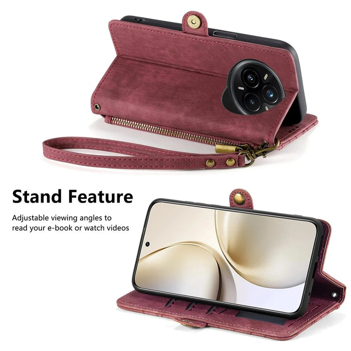 For Realme 14 Pro 5G Zipper Wallet Case Geometry Lines Leather Phone Cover with Strap - Red - 4