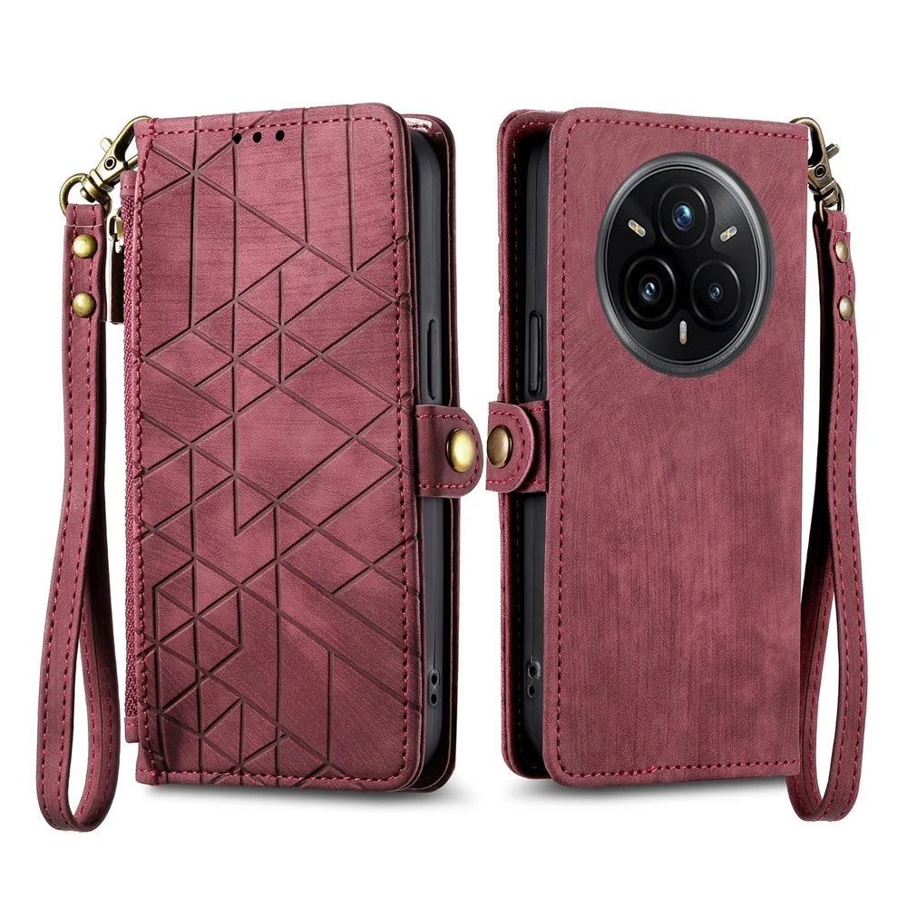 For Realme 14 Pro+ 5G Zipper Wallet Case Geometry Lines Leather Phone Cover with Strap - Red - 2