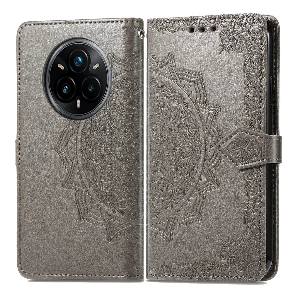 For Realme 14 Pro 5G Wallet Case Mandala Flower Leather Phone Cover Stand - Grey - 2