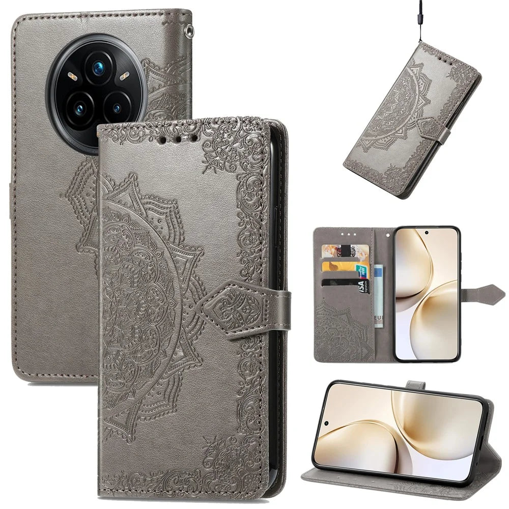 For Realme 14 Pro+ 5G Wallet Case Mandala Flower Leather Phone Cover Stand - Grey - 1