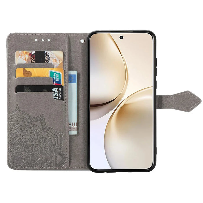 For Realme 14 Pro+ 5G Wallet Case Mandala Flower Leather Phone Cover Stand - Grey - 3