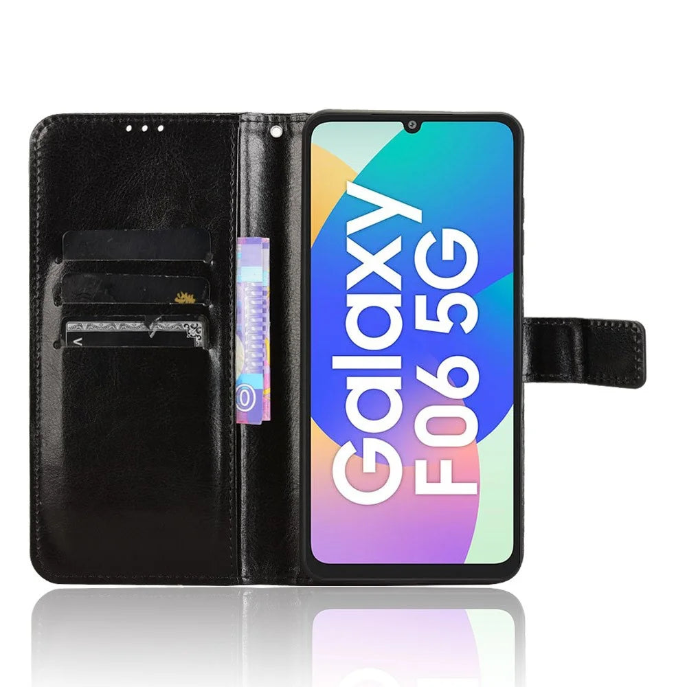 For Samsung Galaxy F06 5G  /  M06 5G Case Crazy Horse Texture PU Leather Phone Wallet Cover - Black - 2