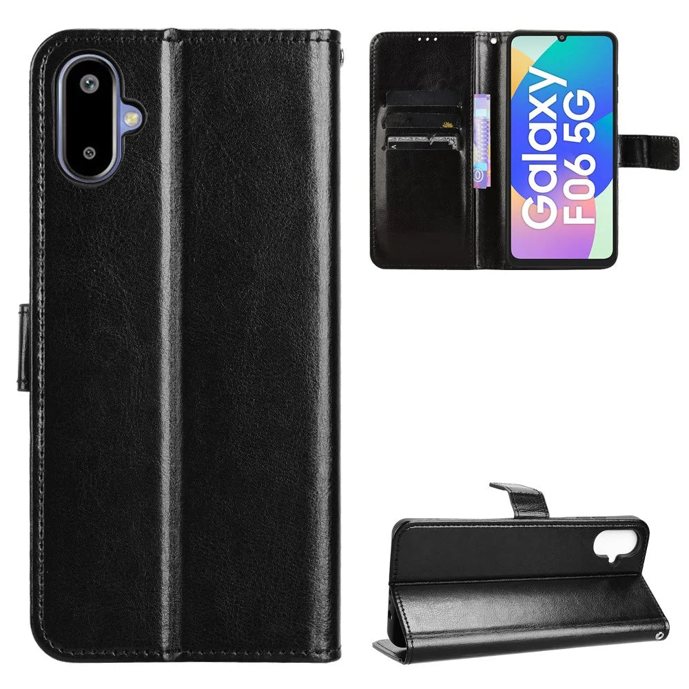 For Samsung Galaxy F06 5G  /  M06 5G Case Crazy Horse Texture PU Leather Phone Wallet Cover - Black - 5