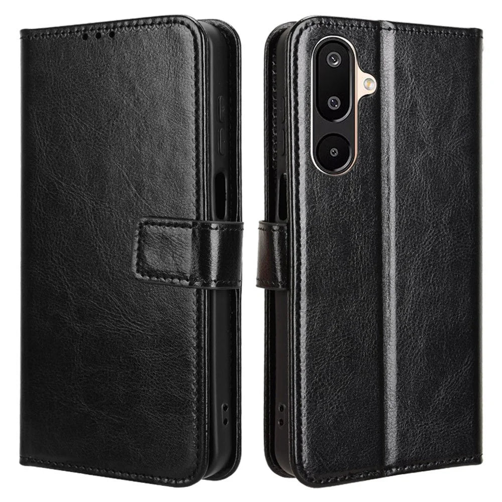 For Samsung Galaxy M16 5G  /  F16 5G Case Crazy Horse Texture PU Leather Phone Wallet Cover - Black - 1