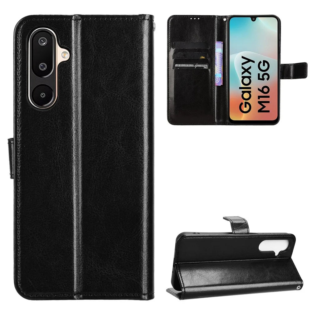 For Samsung Galaxy M16 5G  /  F16 5G Case Crazy Horse Texture PU Leather Phone Wallet Cover - Black - 5