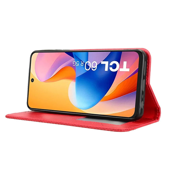 For TCL 60R 5G / TCL 60 5G Case Wallet Stand Retro Texture Leather Phone Cover - Red - 3