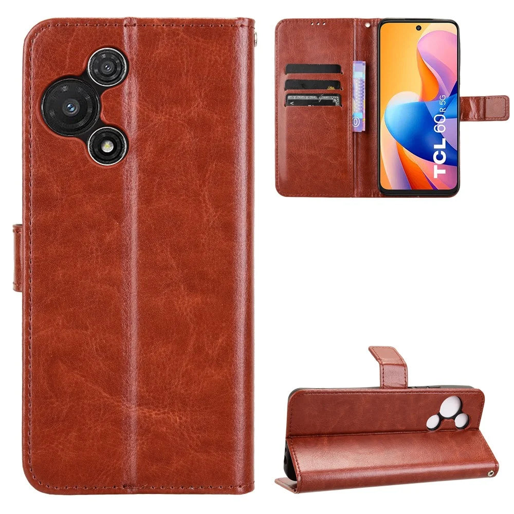 For TCL 60R 5G / TCL 60 5G Case Crazy Horse Texture PU Leather Phone Wallet Cover - Brown - 5