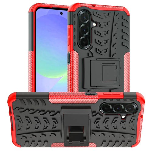For Samsung Galaxy A36 5G Case PC+TPU Tyre Pattern Slim Phone Cover with Kickstand - Red - 1