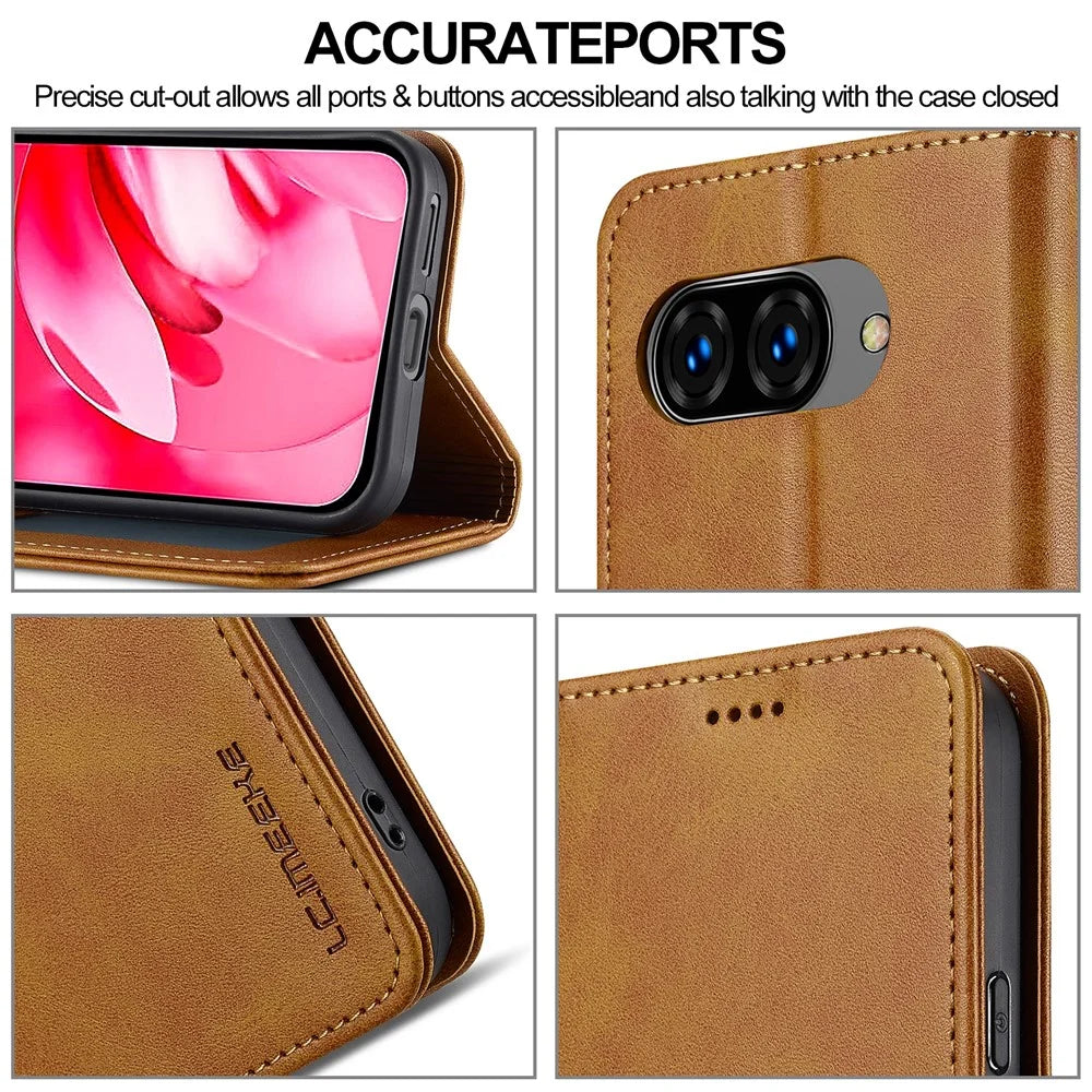 LC.IMEEKE For Google Pixel 9a Case Calf Texture PU Leather Stand Wallet Phone Cover - Yellow - 7