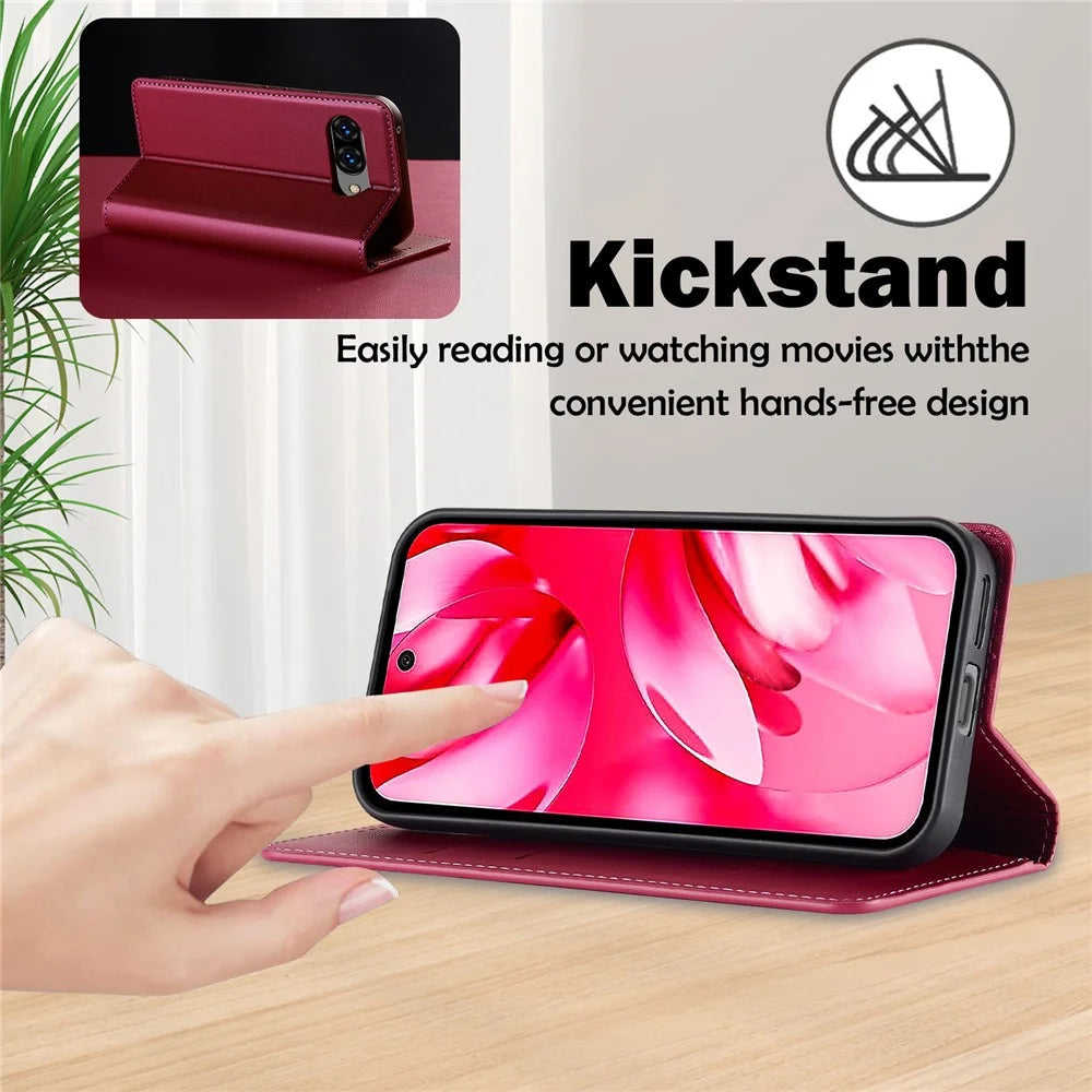 LC.IMEEKE L1 Series for Google Pixel 9a Case PU Leather Wallet Stand Protective Phone Cover - Red - 7