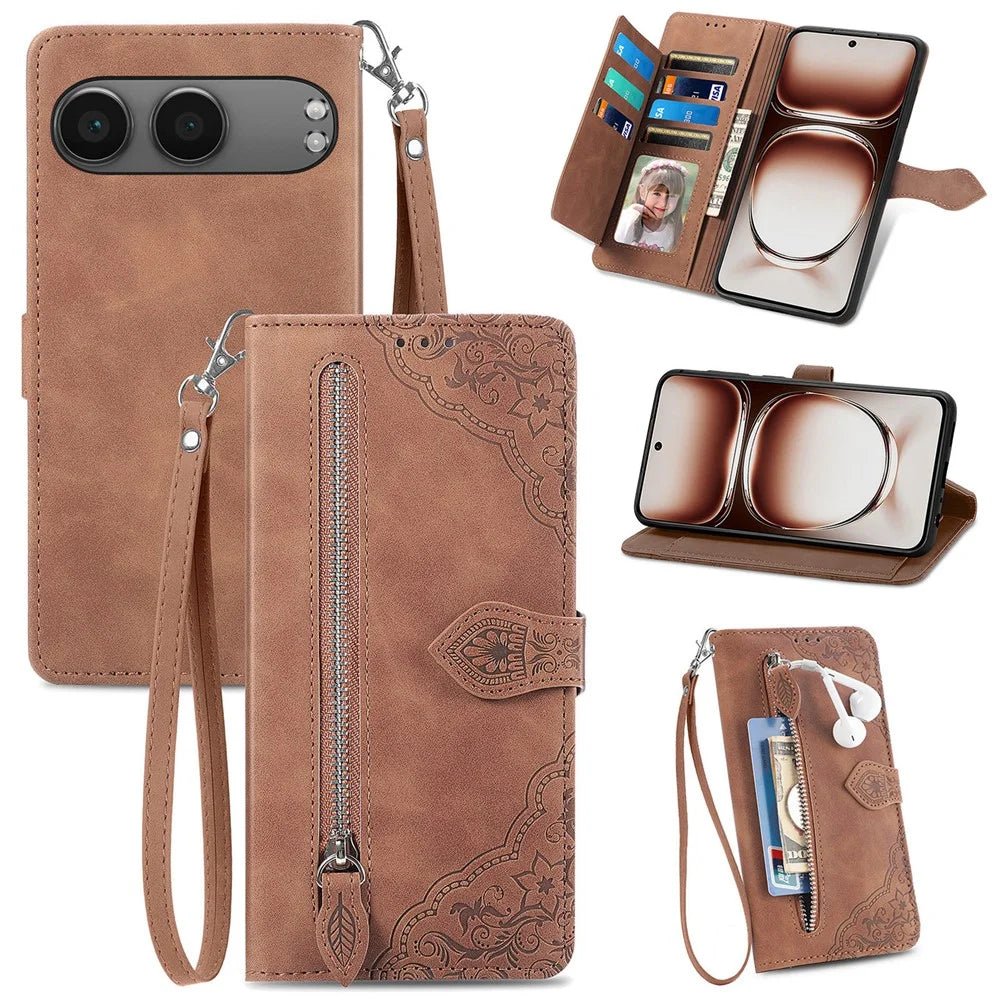 For OnePlus Nord 4 Zipper Wallet Case with Strap Flower Imprint PU Leather Phone Cover - Brown - 1