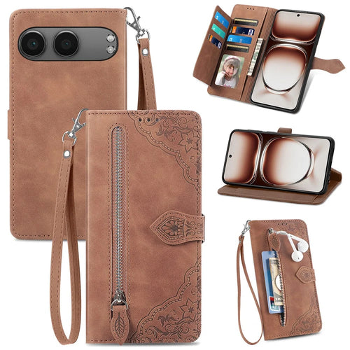 For OnePlus Nord 4 Zipper Wallet Case with Strap Flower Imprint PU Leather Phone Cover - Brown - 1