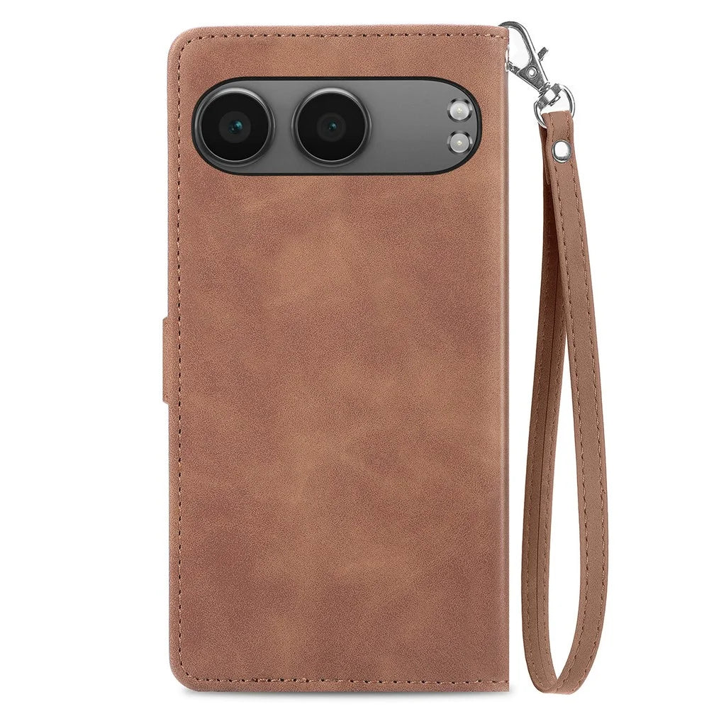 For OnePlus Nord 4 Zipper Wallet Case with Strap Flower Imprint PU Leather Phone Cover - Brown - 3