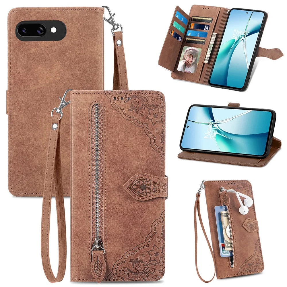 For Google Pixel 9a Zipper Wallet Case with Strap Flower Imprint PU Leather Phone Cover - Brown - 1
