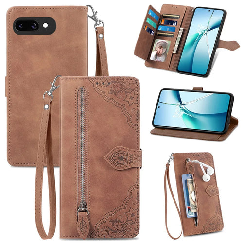 For Google Pixel 9a Zipper Wallet Case with Strap Flower Imprint PU Leather Phone Cover - Brown - 1