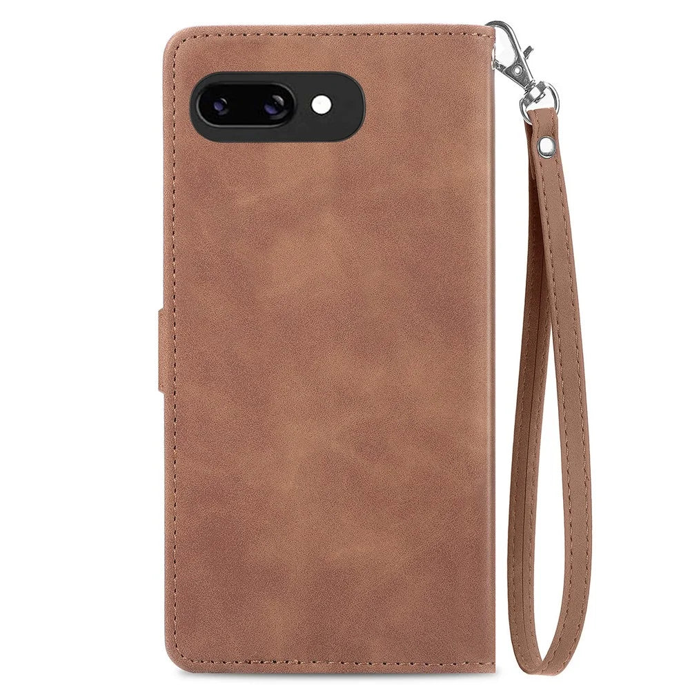 For Google Pixel 9a Zipper Wallet Case with Strap Flower Imprint PU Leather Phone Cover - Brown - 3