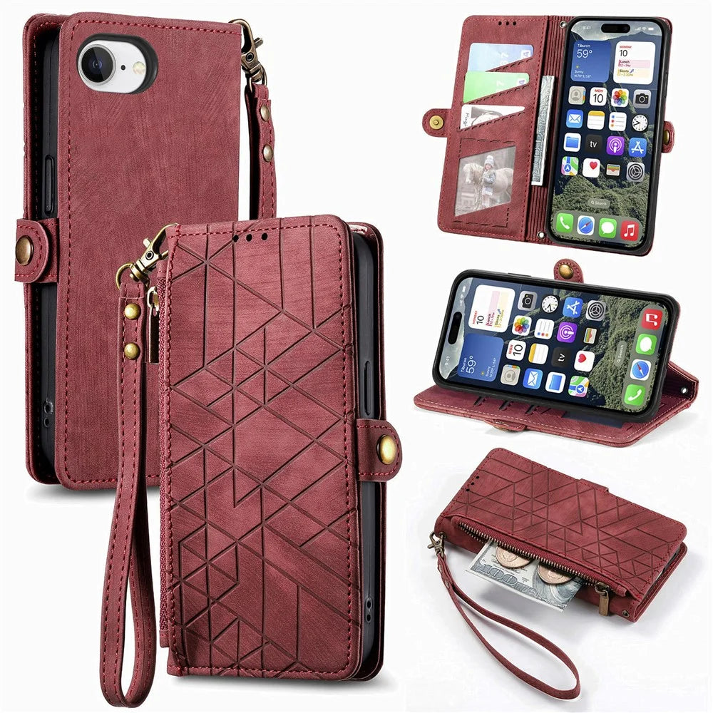 For iPhone 17e / 16e Zipper Wallet Case Geometry Lines Leather Phone Cover with Strap - Red - 1