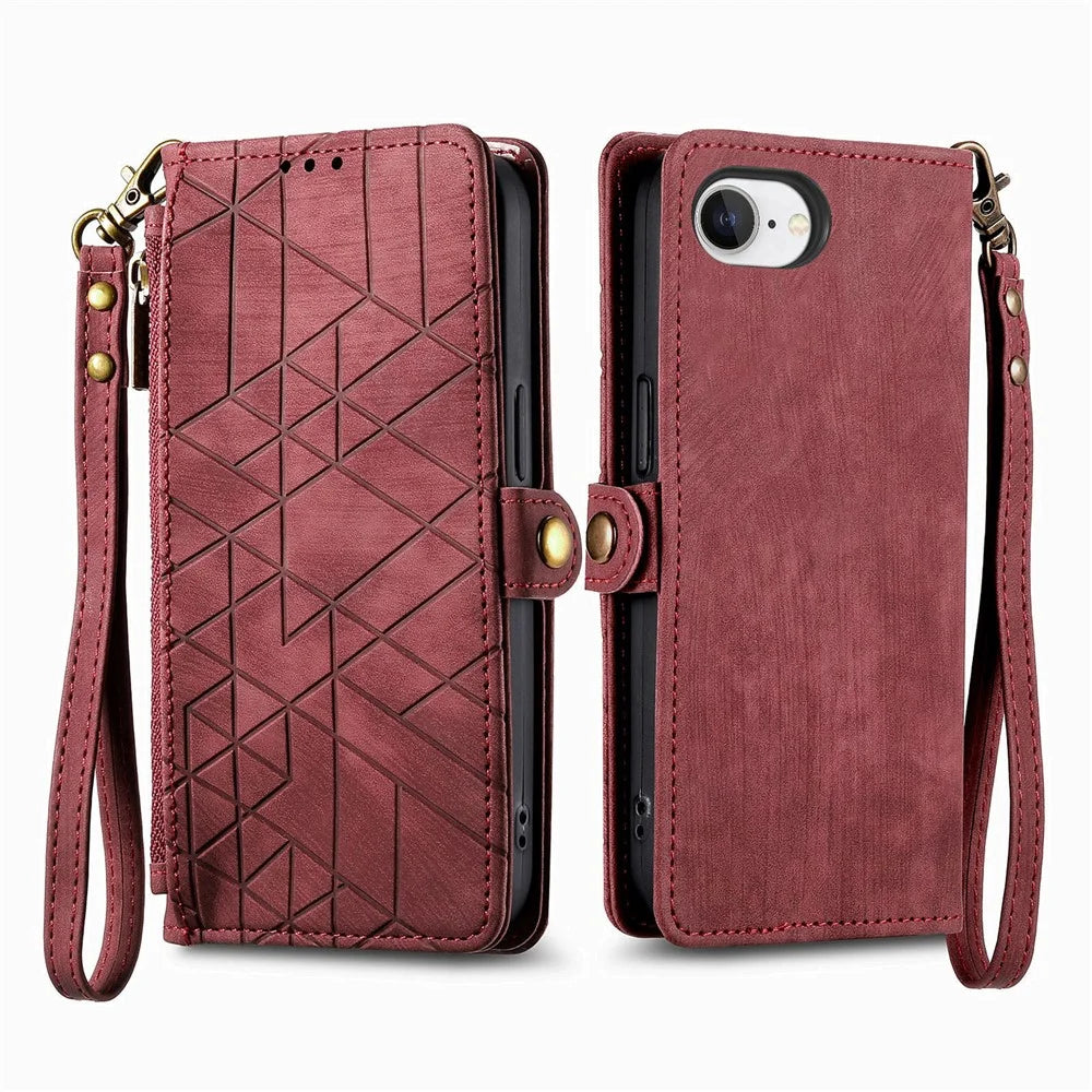 For iPhone 17e / 16e Zipper Wallet Case Geometry Lines Leather Phone Cover with Strap - Red - 2