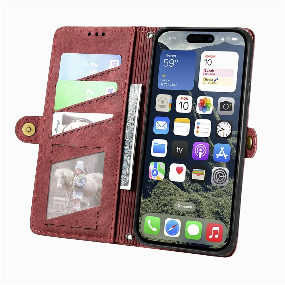 For iPhone 17e / 16e Zipper Wallet Case Geometry Lines Leather Phone Cover with Strap - Red - 3