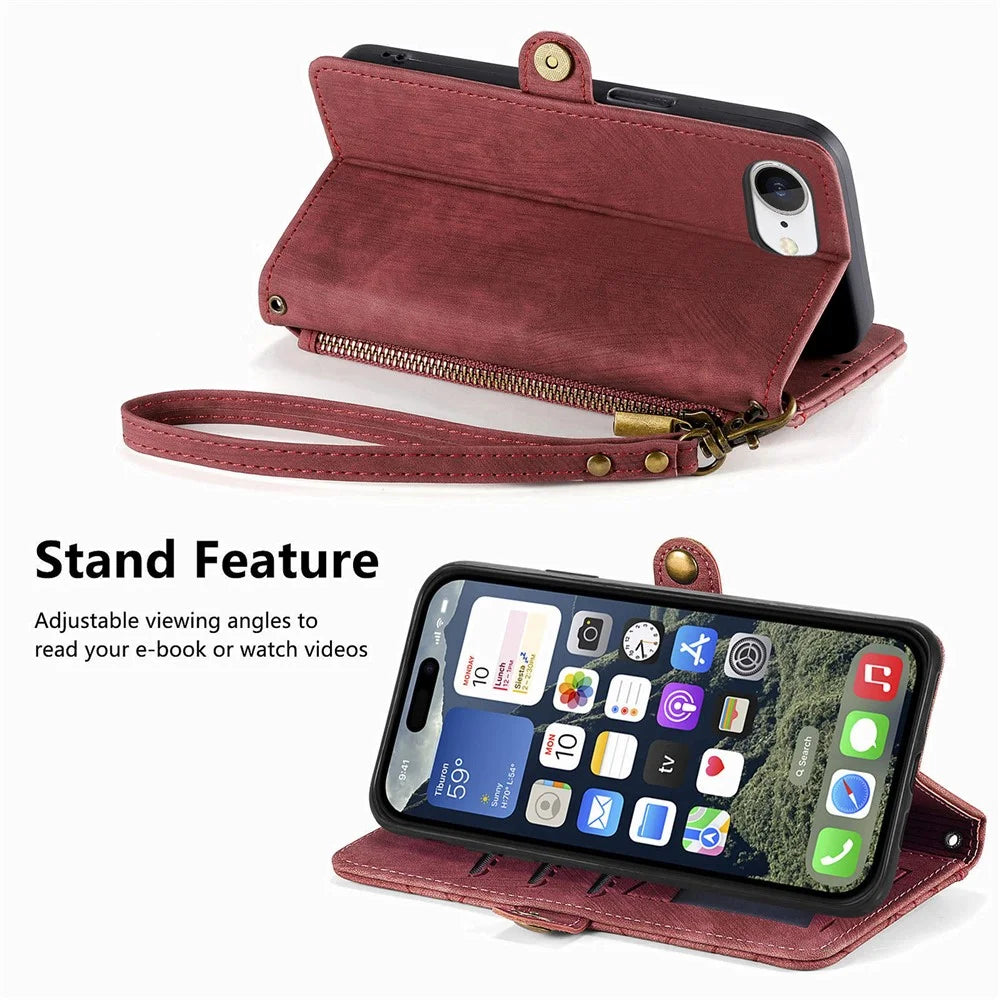 For iPhone 17e / 16e Zipper Wallet Case Geometry Lines Leather Phone Cover with Strap - Red - 4