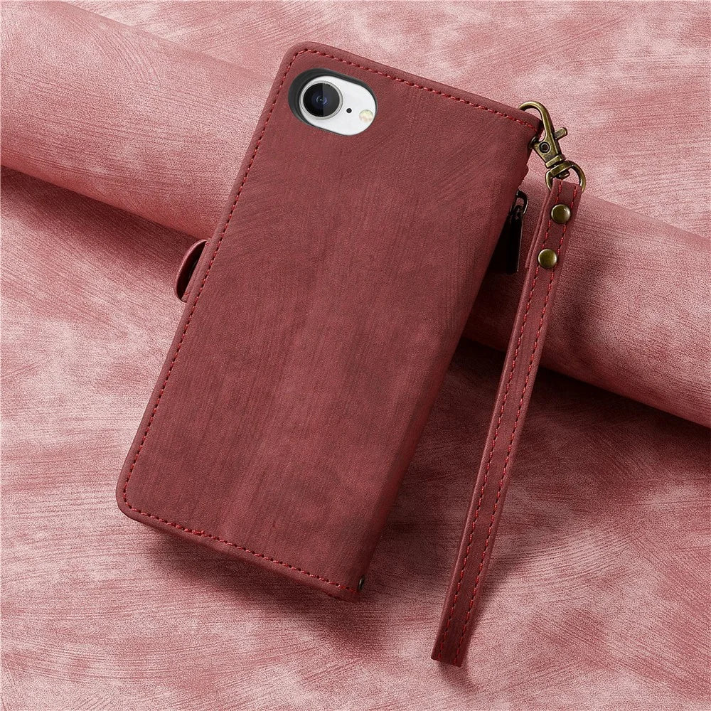 For iPhone 17e / 16e Zipper Wallet Case Geometry Lines Leather Phone Cover with Strap - Red - 5