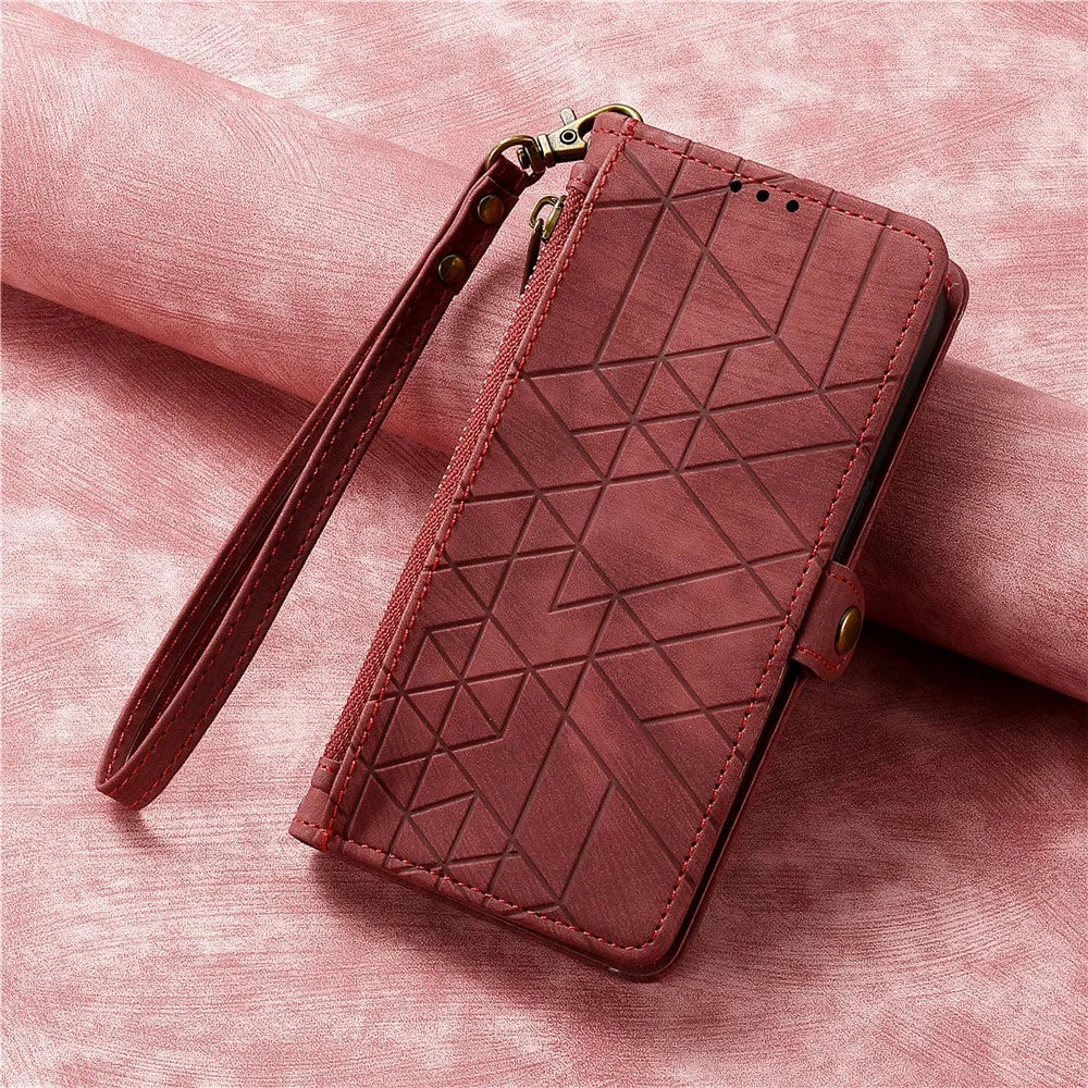 For iPhone 17e / 16e Zipper Wallet Case Geometry Lines Leather Phone Cover with Strap - Red - 6