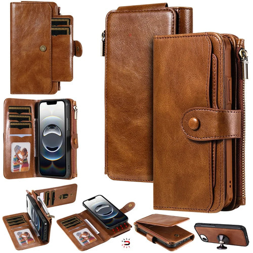 For iPhone 17e / 16e Case PU Leather Zipper Wallet Detachable Cover - Brown - 1