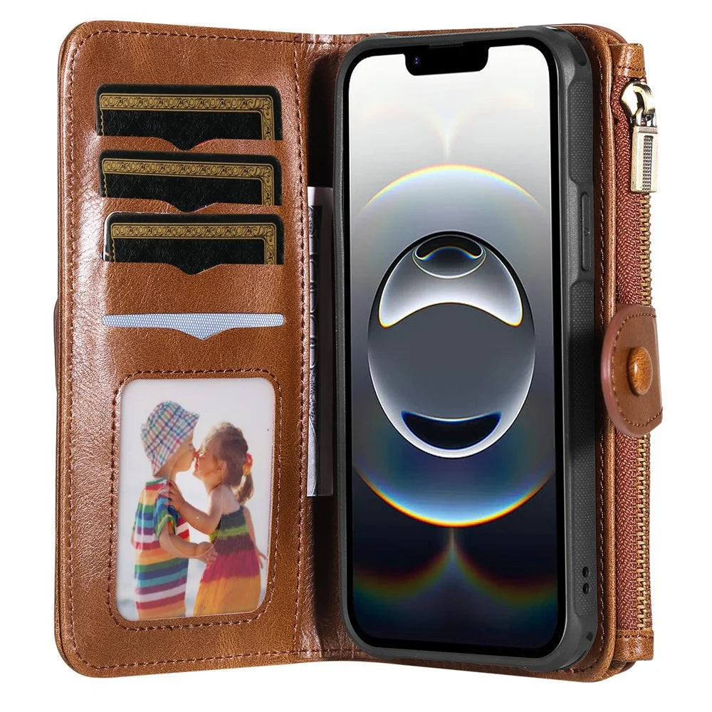 For iPhone 17e / 16e Case PU Leather Zipper Wallet Detachable Cover - Brown - 2